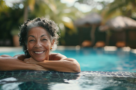 Happy senior woman in swimming pool, leaning on edge.の素材