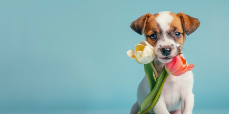 Cute little puppy dog with tulip flower in mouth on light blue background for Valentine's day or Mother's day or birthday cardの素材