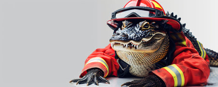 A brave crocodile in a firefighter's uniform on a white studio backgroundの素材