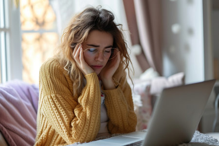 Exhausted woman taking off eyeglasses and rubbing nose bridge, taking break in online work on laptopの素材