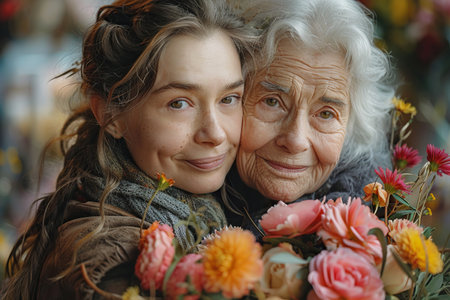 Mother is hugging an older woman and she throws flowers at herの素材