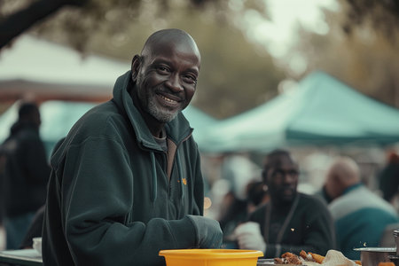 Positive homeless African American man standing at the table in a street dining hall, surrounded by other individualsの素材