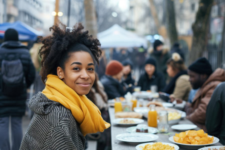 Positive homeless African American woman standing at the table in a street dining hall, surrounded by other individualsの素材