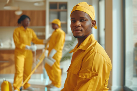 Professional African American janitors in uniform doing spring cleaning of modern houseの素材