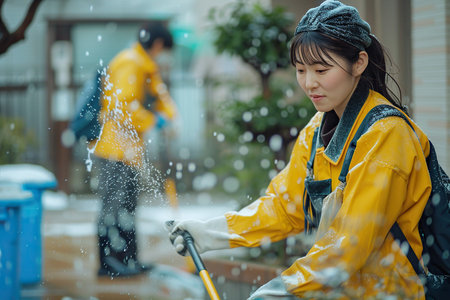 Professional Japanese janitors in uniform doing spring cleaning of modern houseの素材