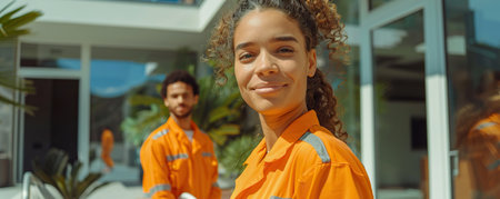Professional mixed race janitors in uniform doing spring cleaning of modern houseの素材