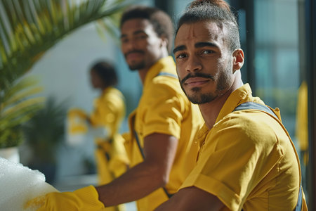 Professional mixed race janitors in uniform doing spring cleaning of modern houseの素材