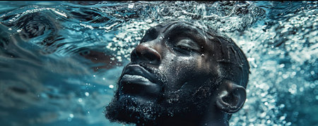 Professional African American swimmer underwater following a jump into the abyssの素材