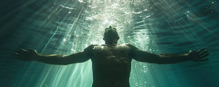 Professional swimmer underwater following a jump into the abyssの素材