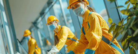 Professional Latin American janitors in uniform doing spring cleaning of modern houseの素材
