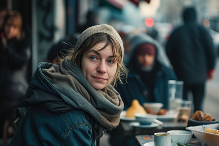 Positive homeless white woman standing at the table in a street dining hall, surrounded by other individualsの素材