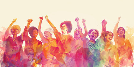 Cheerful multigenerational and multiracial women celebrating unity and felinity on women's day. Illustration in watercolor styleの素材