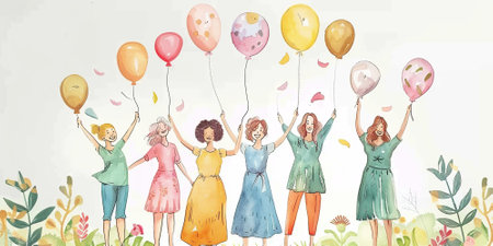 Cheerful multigenerational and multiracial women celebrating unity and felinity on women's day. Illustration in watercolor styleの素材