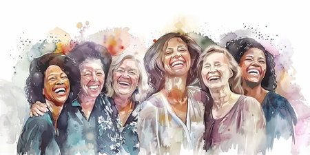Cheerful multigenerational and multiracial women celebrating unity and felinity on women's day. Illustration in watercolor styleの素材