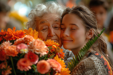 Mother is hugging an older woman and she throws flowers at herの素材