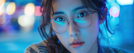 Beautiful young Japanese woman wearing glasses looking at laptop at night. Screen light reflecting in young female's glasses. Working late at evening.の素材