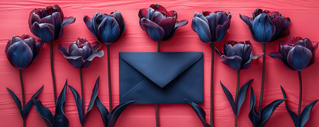 Bouquet of dark blue tulips isolated on pink background with envelope on itの素材