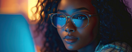 Beautiful young Black woman wearing glasses looking at laptop at night. Screen light reflecting in young female's glasses. Working late at eveningの素材