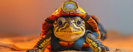 A cute turtle in a firefighter's uniform on a Ivory backgroundの素材