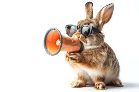 Cool bunny in sunglasses with megaphone on white backgroundの素材