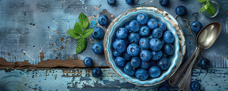 Blueberry mini tart on white cutting board with vintage teaspoons seen from above.の素材