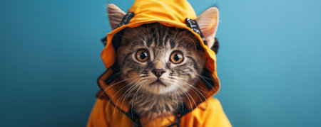 A cute cat in a firefighter's uniform on a blue backgroundの素材