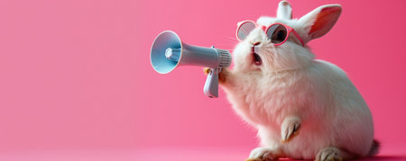 Cool bunny in sunglasses with megaphone on pink backgroundの素材