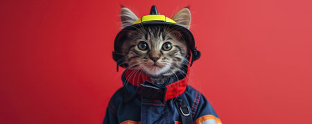 A cute cat in a firefighter's uniform on a red backgroundの素材