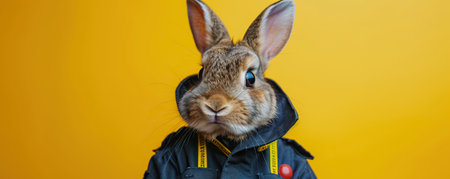 A brave rabbit in a firefighter's uniform on a yellow studio backgroundの素材