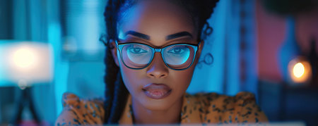 Beautiful young African American woman wearing glasses looking at laptop at night. Screen light reflecting in young female's glasses. Working late at evening.の素材