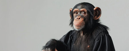 A cute monkey in a judge's robe on a white studio backgroundの素材