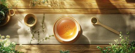 A wooden table set with a cup of tea, tea leaves, and a wooden spoon. The circle of the cup contrasts with the natural elements of wood and plant lifeの素材
