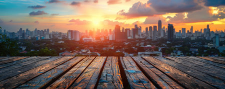 The empty wooden table top with blur background of nature skyline. Exuberant image.の素材
