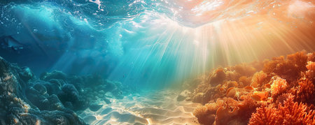 Underwater magic: Split view of sunlit sea and vibrant underwater sceneの素材