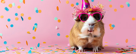 Happy Birthday, carnival, New Year's eve, Sylvester or other festive celebration, funny animals card banner - Guinea pig with party hat and sunglasses on pink background with confetti.の素材