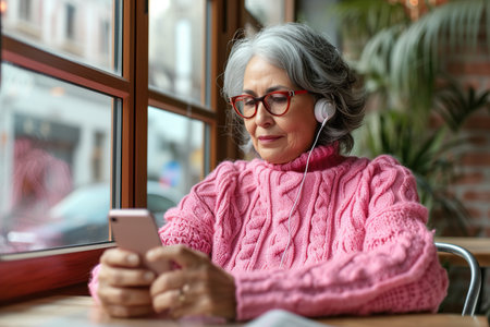 Elderly gray haired Latin American female in glasses and pink sweater sitting at table adjusting earphones while listening to audio on mobile phoneの素材