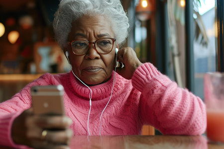 Elderly gray haired African American female in glasses and pink sweater sitting at table adjusting earphones while listening to audio on mobile phoneの素材