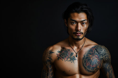 Confident Japanese man with muscular body tattooed on black background.の素材