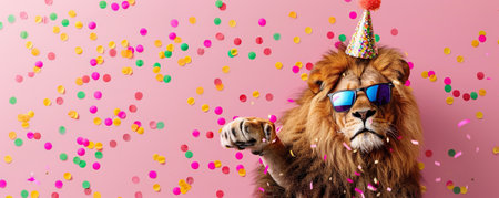Funny party lion wearing colorful party hat and stylish sunglasses. Pink backgroundの素材