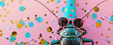 Happy Birthday, carnival, New Year's eve, Sylvester or other festive celebration, funny animals card banner - cockroach with party hat and sunglasses on pink background with confettiの素材