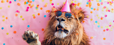 Funny party lion wearing colorful party hat and stylish sunglasses. Pink backgroundの素材