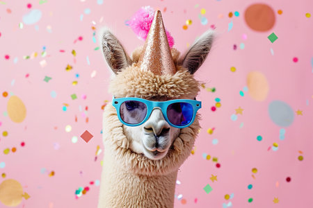 Happy Birthday, carnival, New Year's eve, Sylvester or other festive celebration, funny animals card banner - Alpaca with party hat and sunglasses on pink background with confetti.の素材