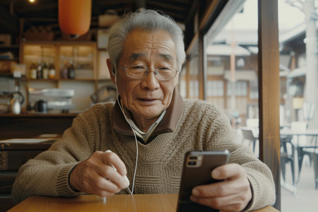 Elderly gray haired Japanese male in glasses and Beige sweater sitting at table adjusting earphones while listening to audio on mobile phoneの素材