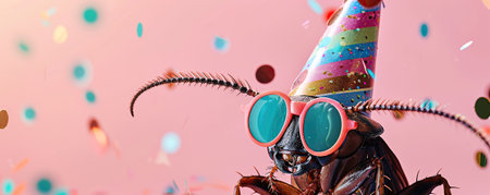 Happy Birthday, carnival, New Year's eve, Sylvester or other festive celebration, funny animals card banner - cockroach with party hat and sunglasses on pink background with confettiの素材