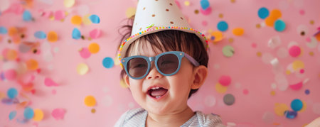 Japanese Baby boy with party hat and sunglasses on pink background with confetti.の素材