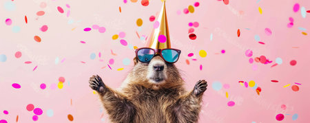 Happy Birthday, carnival, New Year's eve, sylvester or other festive celebration, funny animals card banner - Marmot with party hat and sunglasses on pink background with confetti.の素材