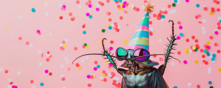 Happy Birthday, carnival, New Year's eve, Sylvester or other festive celebration, funny animals card banner - cockroach with party hat and sunglasses on pink background with confettiの素材