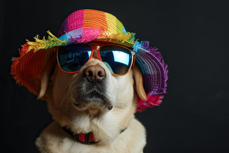 Funny party dog wearing colorful summer hat and stylish sunglasses. Black backgroundの素材