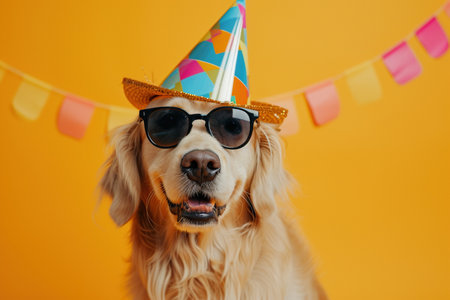 Funny party dog wearing colorful summer hat and stylish sunglasses. Orange backgroundの素材