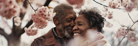 A happy elderly African American couple smiling and embracing under a cherry blossom treeの素材
